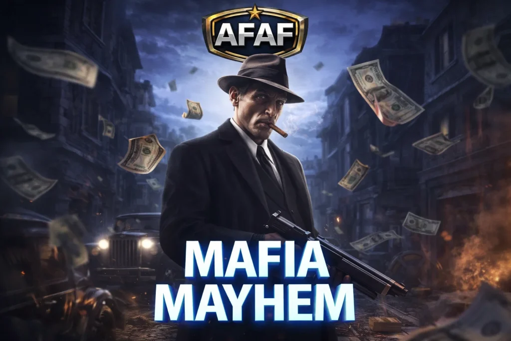Mafia Mayhem di AFAF dengan suasana kota gelap bergaya klasik dan tampilan karakter yang kuat, nyaman dimainkan di perangkat mobile