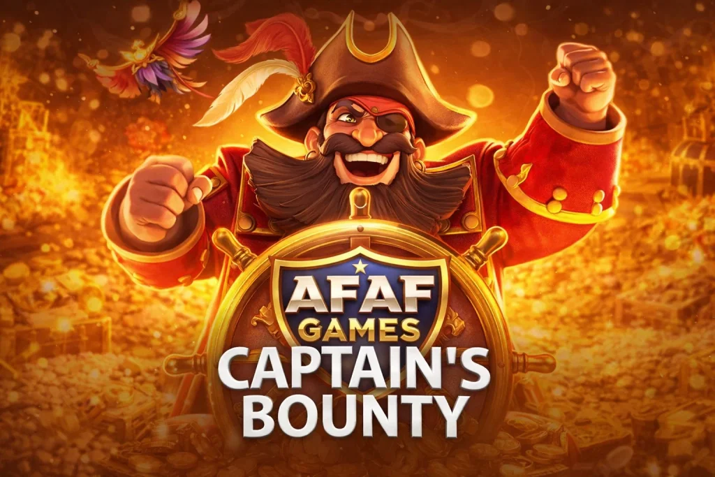 Sosok Kapten janggut hitam yang gagah di atas dek kapal dalam permainan Captain's Bounty di platform AFAF.
