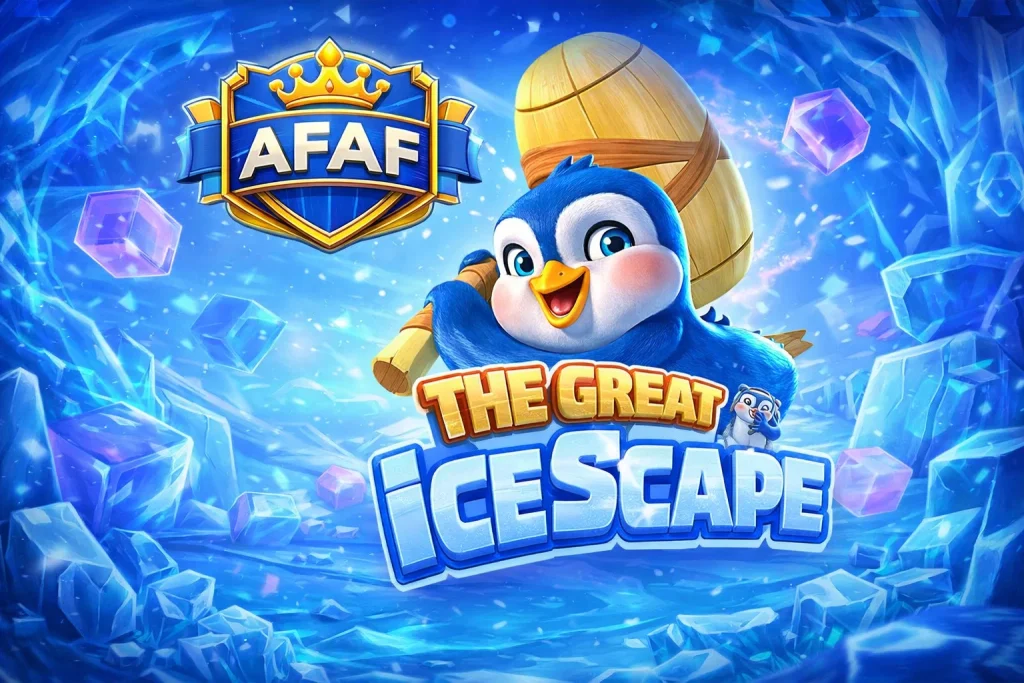 Karakter penguin kecil yang sedang mencoba menghancurkan balok es di sekitarnya dalam permainan The Great Icescape di platform AFAF.