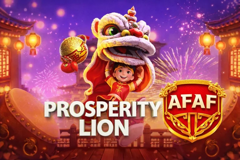 Permainan Prosperity Lion di AFAF dengan warna merah emas dan karakter singa yang hangat
